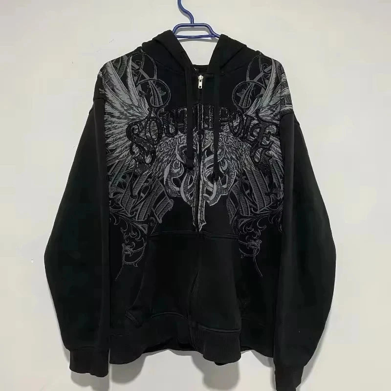 American Retro Rock Gothic Graphic Fur Collar Loose Zipper Sweatshirt Men's Y2K New Harajuku Punk Casual Joker Hoodie Streetwear