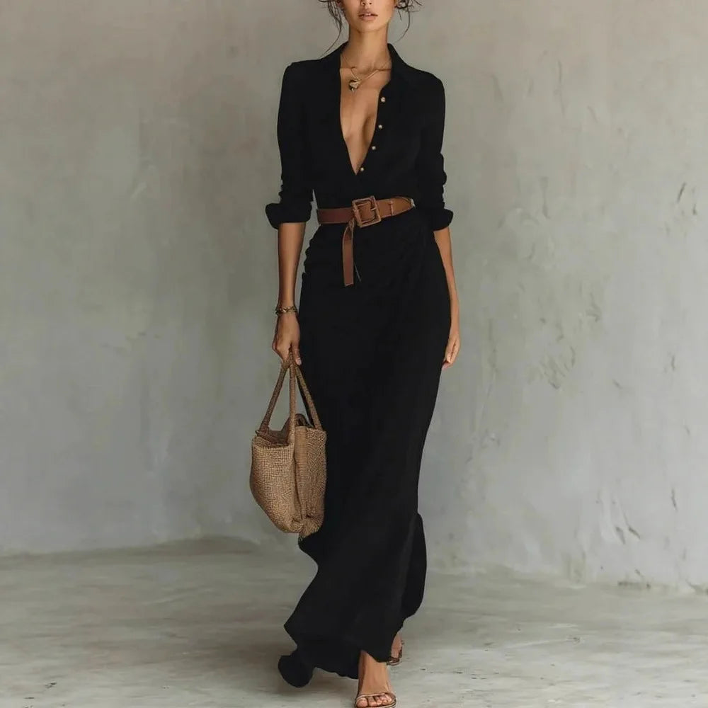 2025 Buttons Draped Chic Party Dress Spring Autumn Women Turn Down Collar Simple Maxi Dress Long Sleeve Elegant Ladies Dress