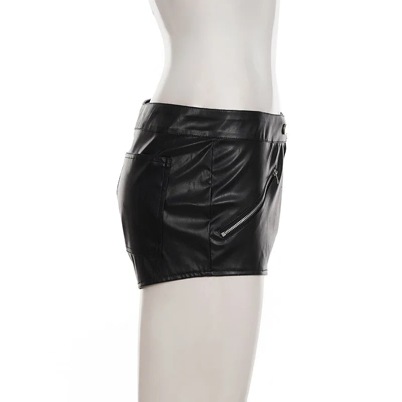 Street punk style low waist exposed navel three button leather shorts