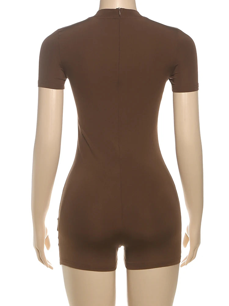 Weird Puss Letter Print Fashion Romper Women Body-Shaping  o-Neck Mini Sleeve Tight Peach Hip Casual Simple Workout Playsuits