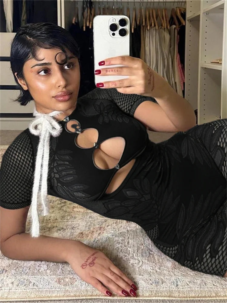 Weird Puss Hollow Diamond Playsuits Woman Summer Sexy Short Sleeve O-Neck Sport Knit Casual Comfortable Streetwear Skinny Romper