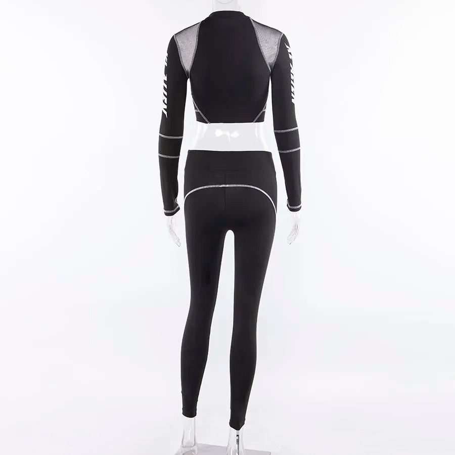 Weird Puss Women Tracksuit Letter Print 2Piece Set Fitness Full Sleeve Crop Top Elastic Leggings Activewear Casual Slim Outfits
