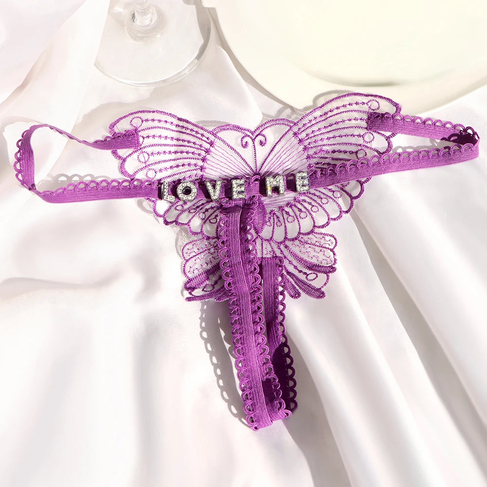 Sexy Butterfly Lace Panties Custom Name Crystal Letter Underwear Thong Transparent Lingerie Personality Girls Intimates Gift