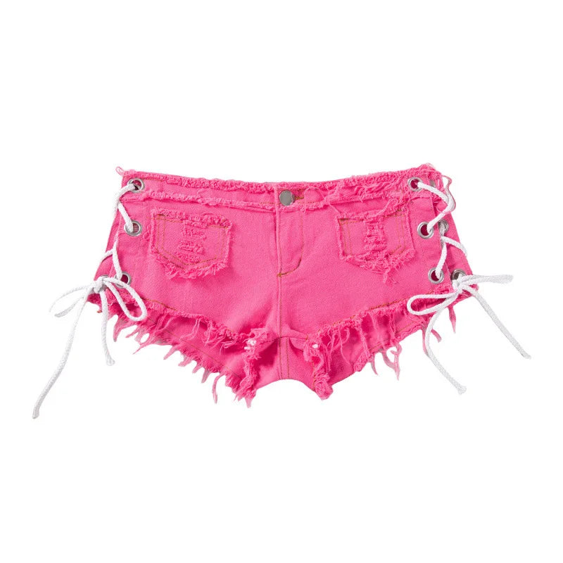 Women's Y2K Low Rise Denim Micro Shorts Lace-Up Side Frayed Booty Shorts for Rave Party Nightclub