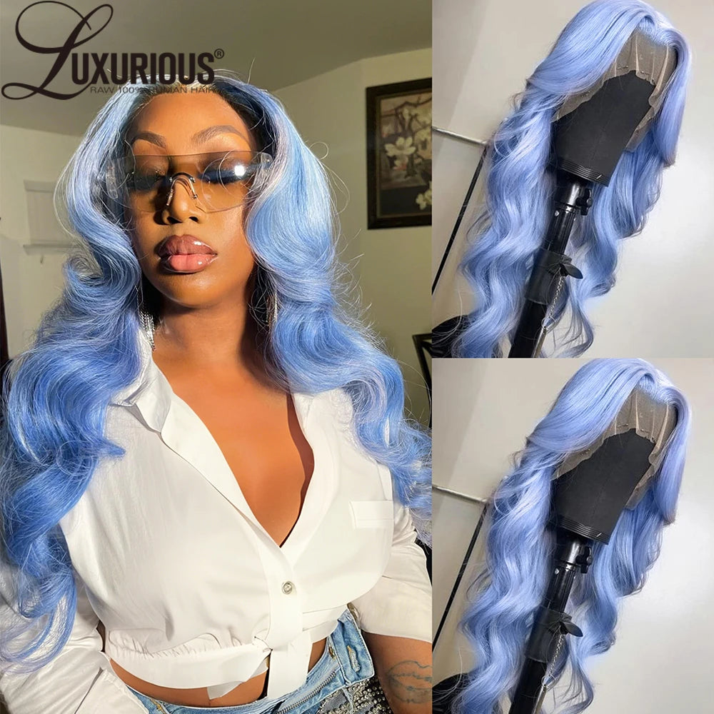 Luxurious 180% Density Ice Blue Virgin Human Hair Wigs 13x4 Body Wave Swiss Transparent Lace Front Wigs With Natural Hairline