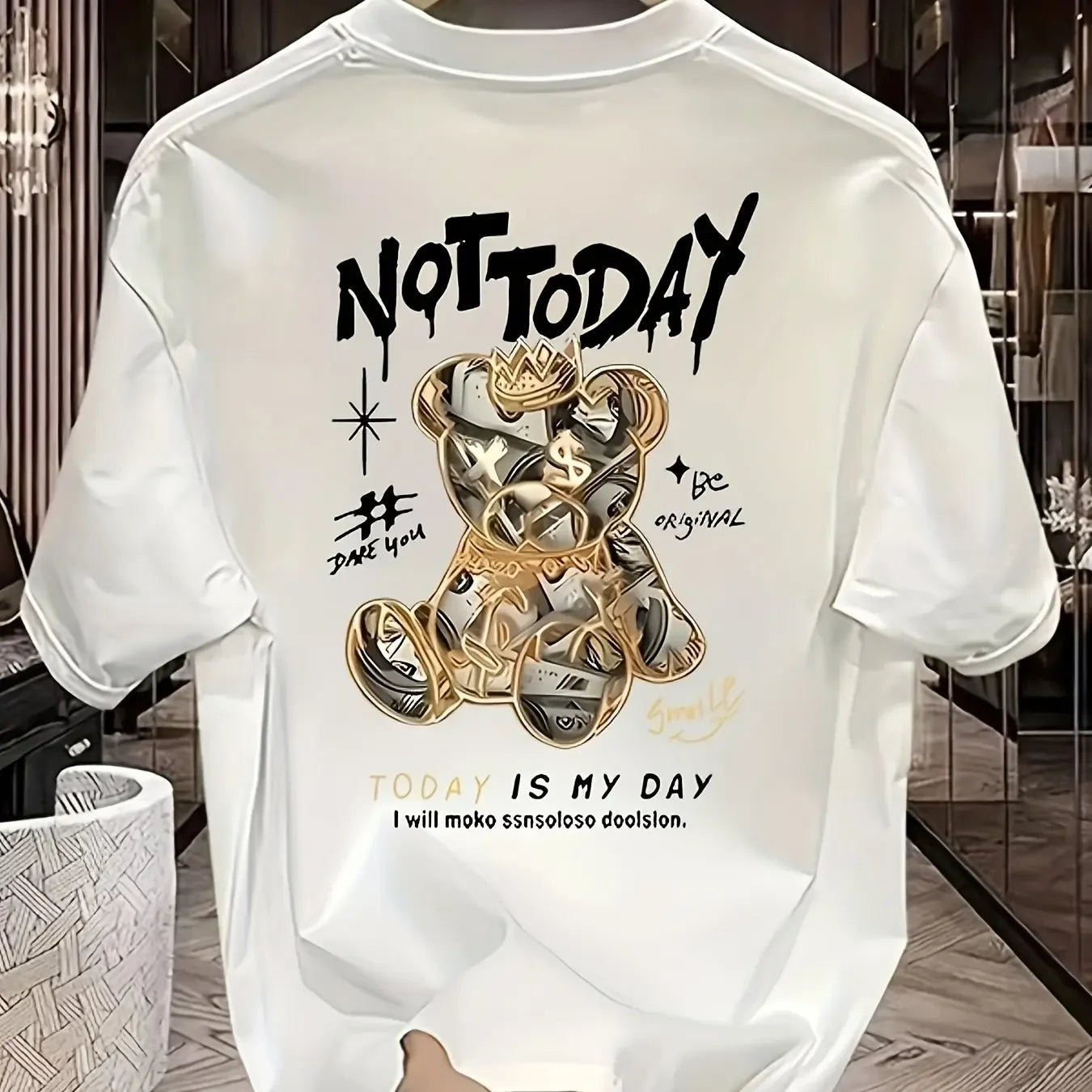 Men's summer 100% pure cotton fashionable casual loose cartoon bear pattern printed short-sleeved T-shirt top
