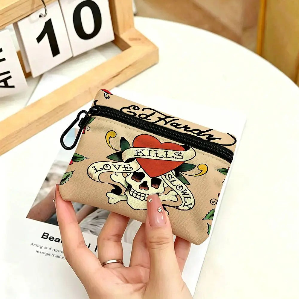 Fashion Brand E-Ed H-Hardy White Oxford Cloth Zipper Coin Purse Lightweight Hanging Key Pouch Card Holder For Daily Use