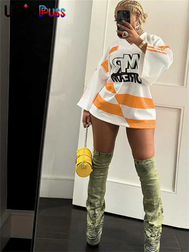 Weird Puss Casual Hipster Women T-Shirt Contrast Letter Print Long Sleeve V-Neck Wild Streetwear Loose Summer Comfortable Tees