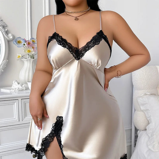 Oversize 5XL Women Sleepwear Split Nightgown Sexy Lace Trim Lingerie Backless Mini Dress Casual Sleepshirts