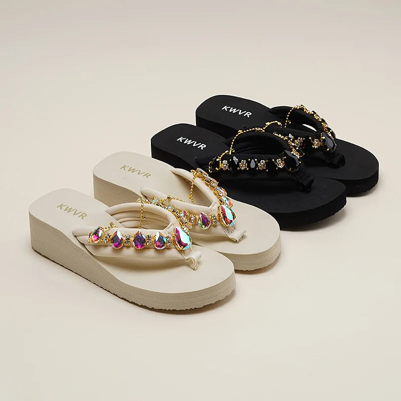 Adult 4cm Sponge Cake Thick Sole Flip Flops Summer 2026 Women's Versatile Conch Anti-slip Sandals Shiny Diamonds Beach Shoes