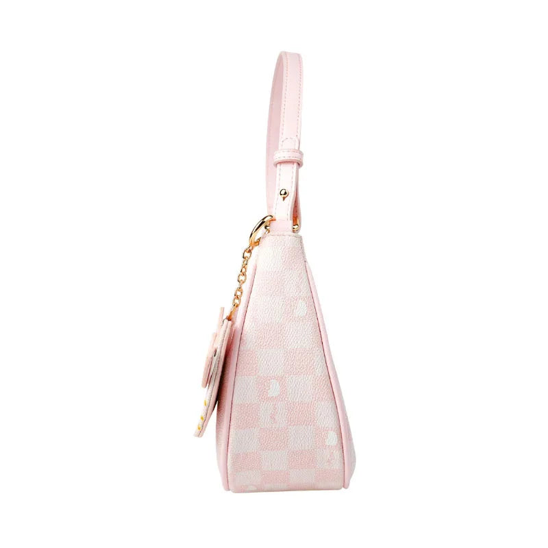 Ladies Pu Leather Armpit Bag Pink Checkerboard Cute Crescent Shoulder Bag Handbag Tote Bag
