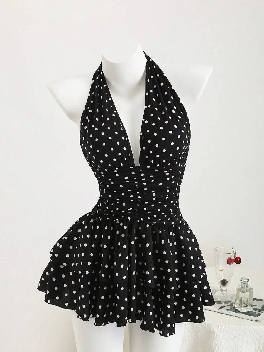 New Street Spicy Girl Digital Printed Design with Neck Hanging, Sleeveless Short, Thin Waist Cake Skirt