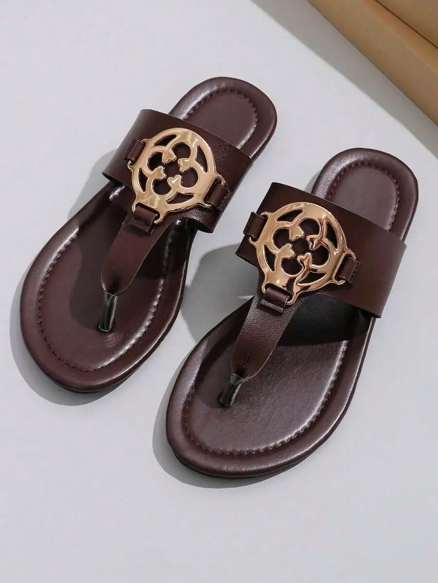 Womens Flat Sandals With Metal Decoration, Soft Cushion, Toe Ring And Lightweight