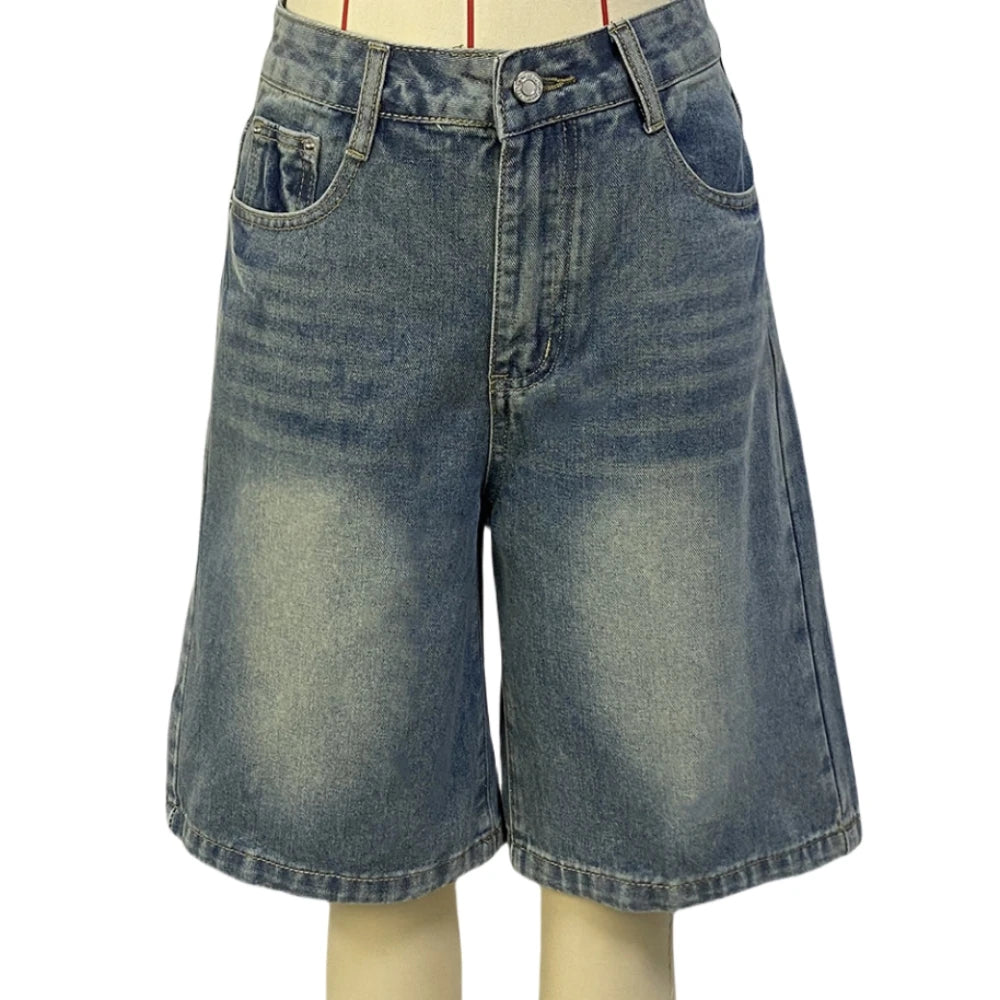 HLJ&GG Blue Retro Fashion jeans Two Piece Sets Women One Shoulder Short Sleeve Crop Top+Jeans Shorts Outfits Fashion Streetwear