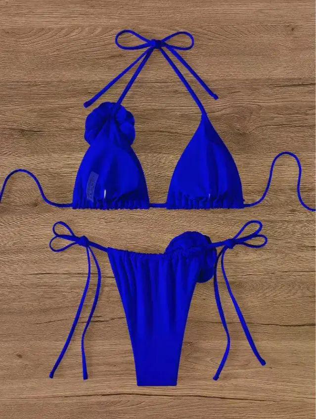 S - L Sexy 3D Flowers Halter Strappy Bikini, Swimwear Swimsuit Two-pieces Bikini Set Bather Bathing Suit Swim