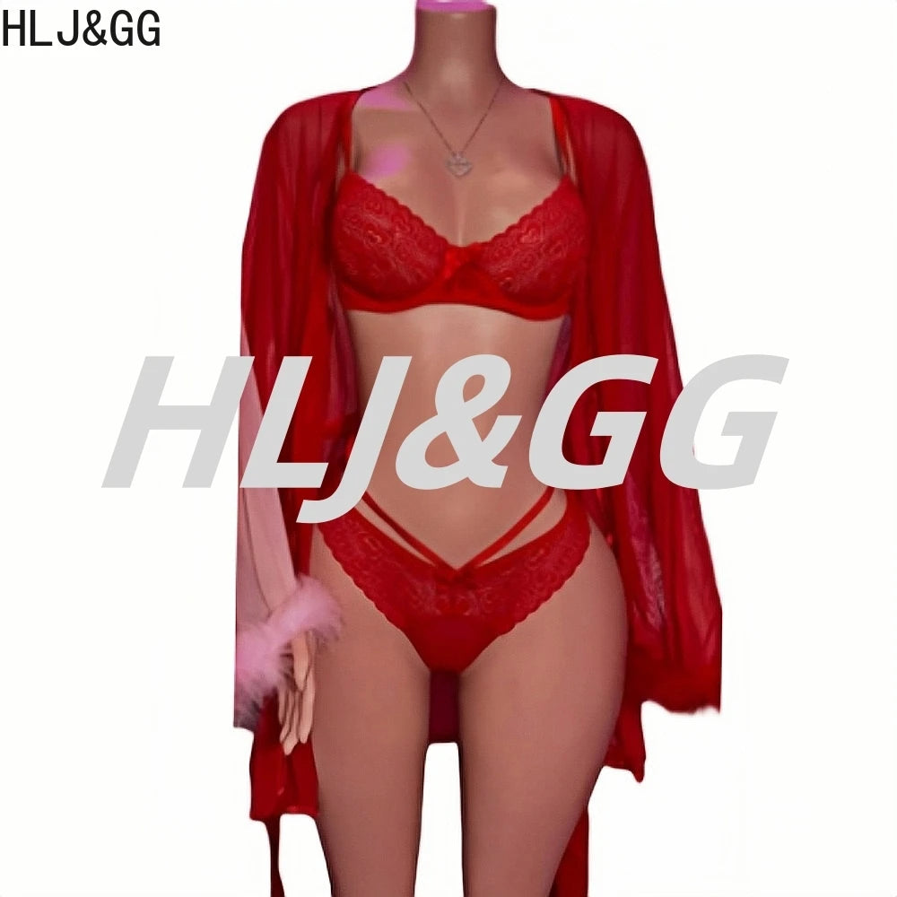 HLJ&GG Sexy Lace See Though 3 Pieces Home Nightgown Sets Women Bra + Thong + Feather Cuffs Long Sleeve Kimino Robe Outfits 2025