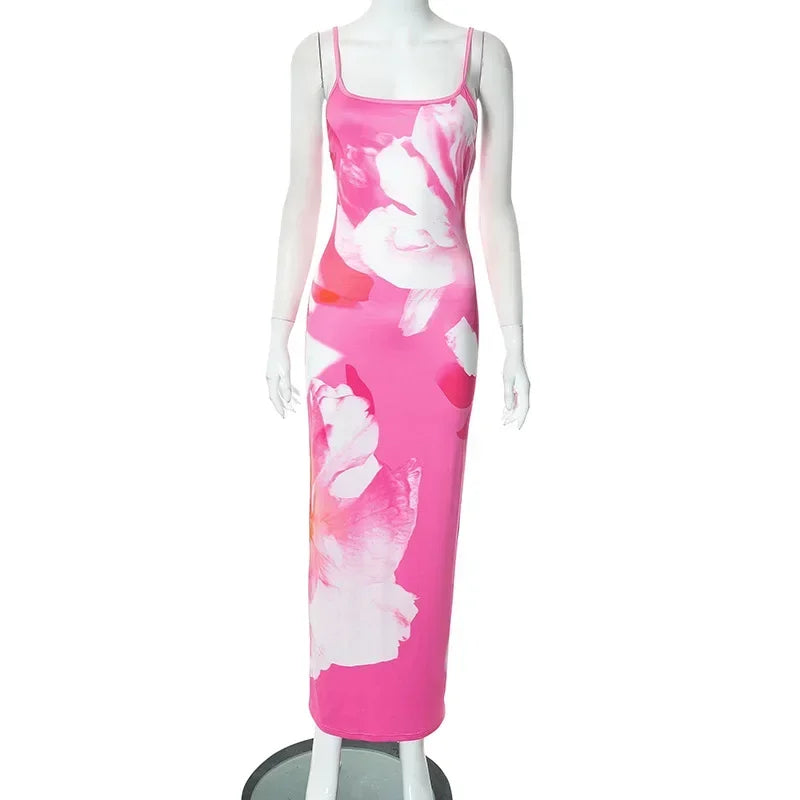 Elegant Printed Backless Long Dress Summer Women's Fashion Contrast Color Party Dress Patchwork Suspender Long Dress 2024 New