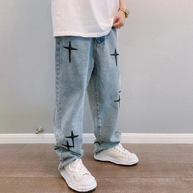 Boyfriend Vintage Fashion Straight Casual Loose Denim Cargo Pants Men Designer Prints Star denim pants Streetwear Loose Wide Leg Jeans
