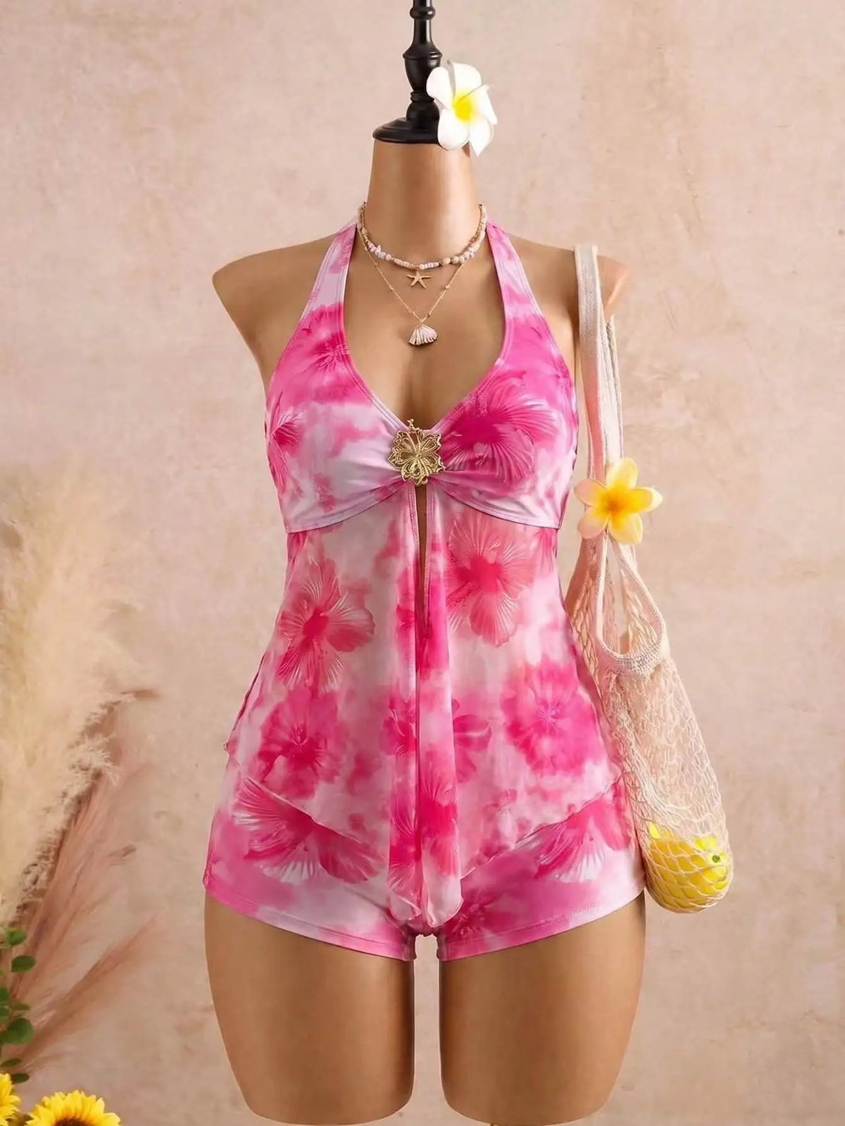 Vintage Yellow Polka Dot Print Bikini Set 2026 Women Metal Sun Ornament Mesh Tank Top High Waist Swimsuit Bathing Suit Swimwear