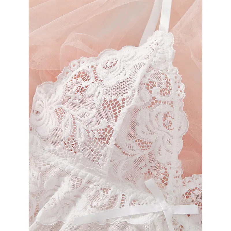 Deep V Lace Push Up Erotic Lingerie Pajamas Set Summer Thinly Woman Nightgown Hot Night Dress Sexy Bra Plus Size Sleepwear Thong