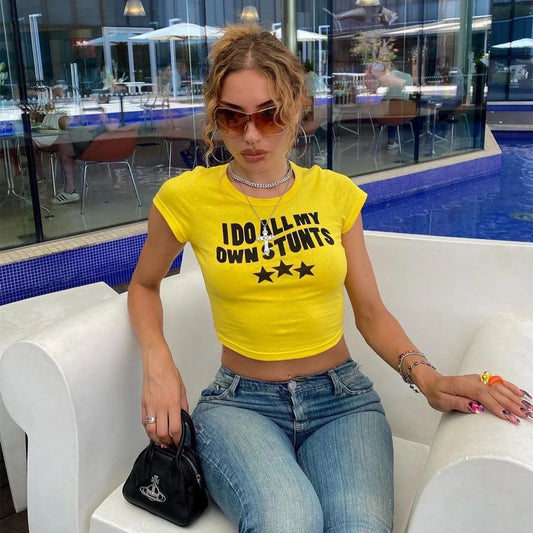 Y2K letter graphics Baby Tee Vintage girl Crop Tops Slim 2000s fairy grunge aesthetic Harajuku Short Sleeve T-shirt Summer