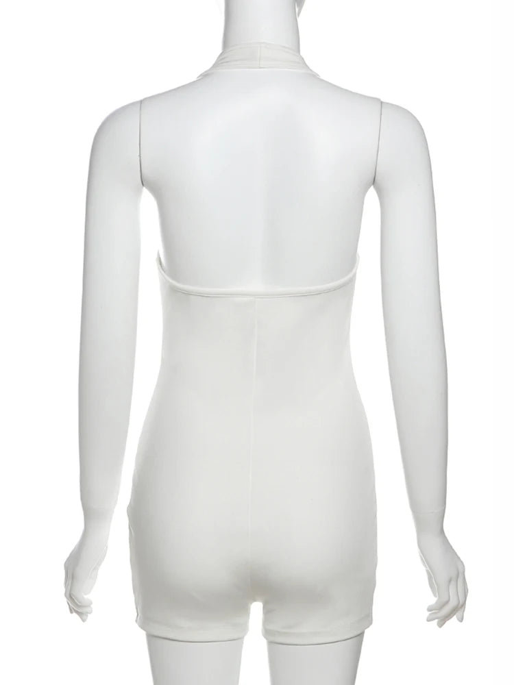 Weird Puss Zip Halter Playsuit Women Summer Trend Backless Fitness Sleeveless Stretch Casual Sporty Workout Activity Playsuit