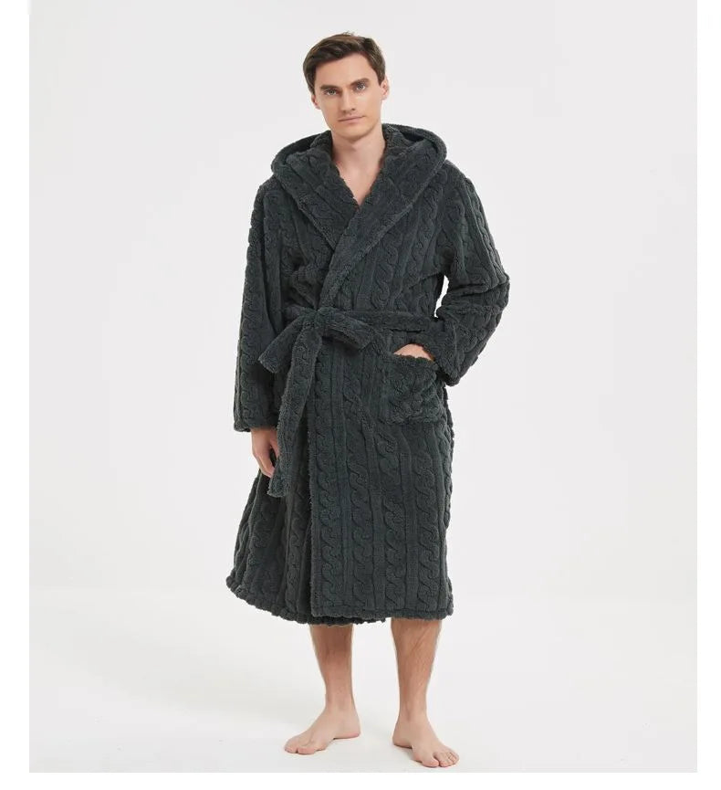 Warm Sleepwear Thicken Jacquard Flannel Men Robe Plush Coral Fleece Hooded Bathrobe Gown Winter Lounge Wear Home Wear Nightwear