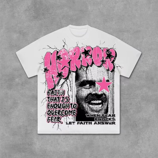Shining Faith Over Fear Graphics Print Cotton T-Shirt Men Y2K Summer Short Sleeves Vintage Oversize Tshirt Streetwear Women Tops