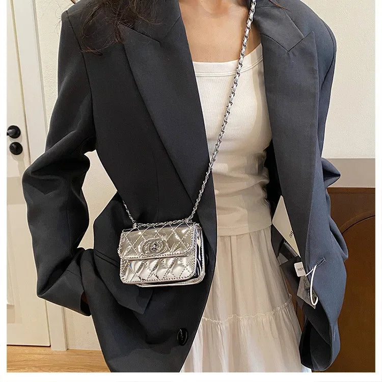 2025 New Arrival Eye - Catching Laser - Patent Mini Crossbody with Gleaming Glossy Chain Strap, Convenient Lipstick Holder