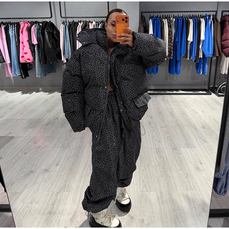 Women Leopard Print 2‑Piece Outfit Hooded Puffer Coat Wide Leg Pants Set Loose Warm Winter Street  Ladies Matching Outfit Suit