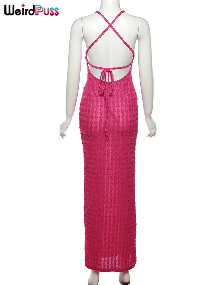 Weird Puss Backless Halter Dress Women Cross Bandage Sleeveless Sexy Elegant Skinny Stretch Wedding Party Maxi Bodycon Vestidos
