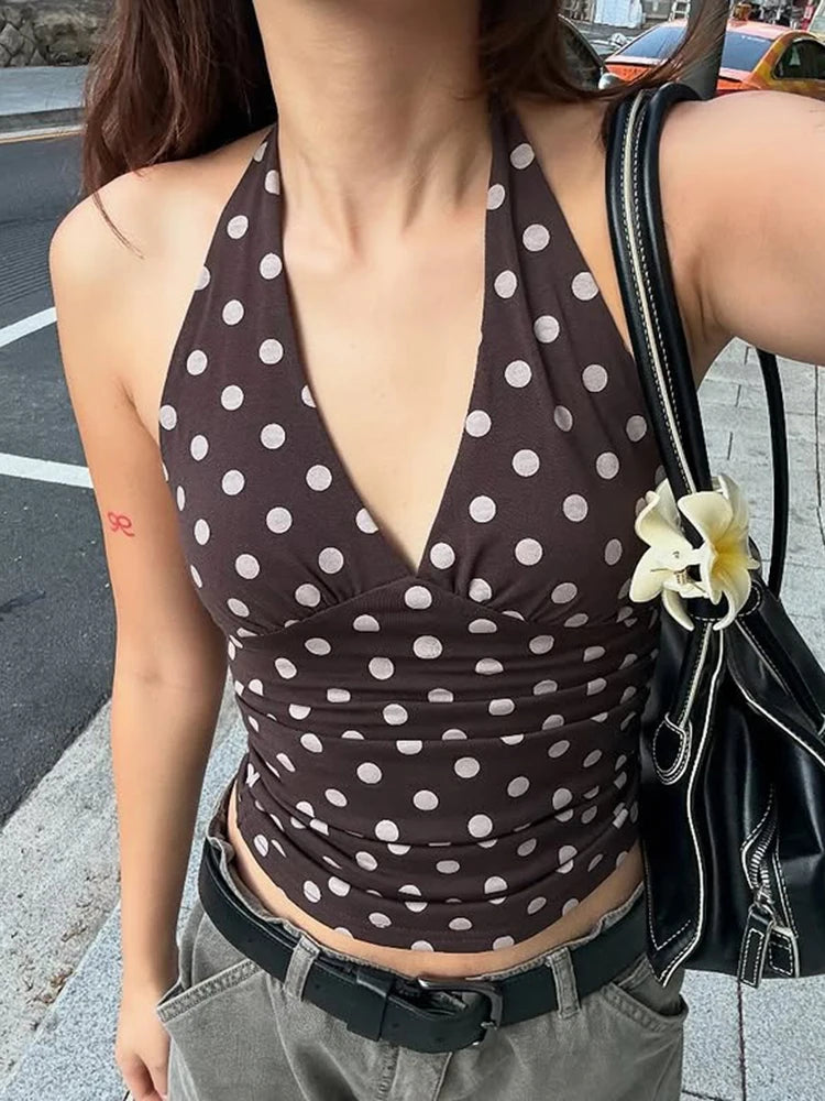 weird Puss Halter v-Neck Vest Women Y2K Lace-Up Backless Polka Dot Print  Skinny Summer Fashion Daily Street Basic Tank Tops