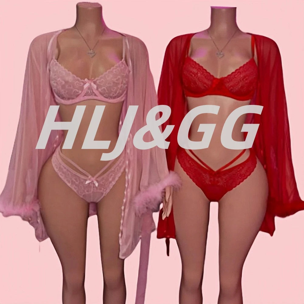 HLJ&GG Sexy Lace See Though 3 Pieces Home Nightgown Sets Women Bra + Thong + Feather Cuffs Long Sleeve Kimino Robe Outfits 2025