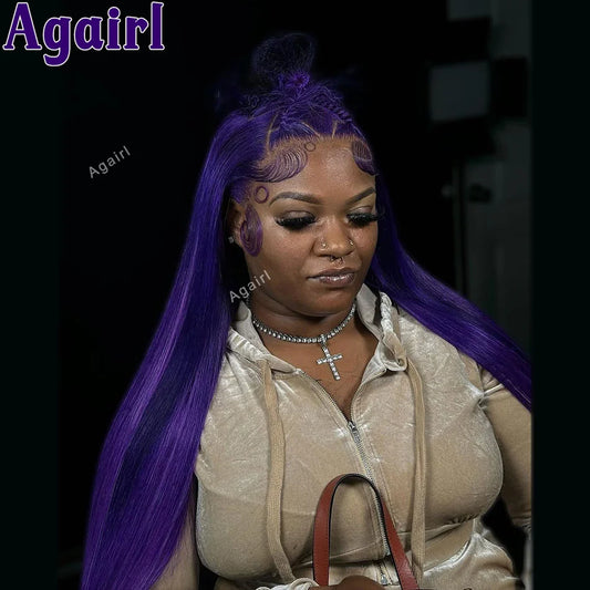 32" Dark Purple Straight Lace Frontal Wig 13x6 13x4 Lace Front Human Hair Wigs For Women Brazilian Remy Pre Plucked 6X4 Lace Wig