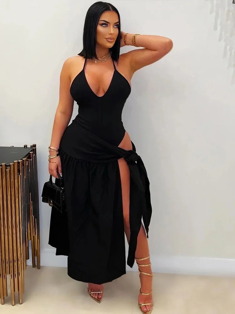 Kricesseen New Chic Solid Bodysuits Top And Tie Waist Ruched Skirt Set For Women Swimsuits Set Night Clubwear Vacation Outfits