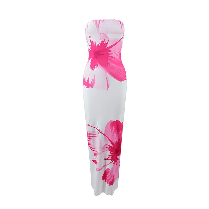 Women's Fashion Sexy Flower Print Strapless Long Dress Summer Vacation Elastic High Waist Slim Fit Party Evening Dress 2025