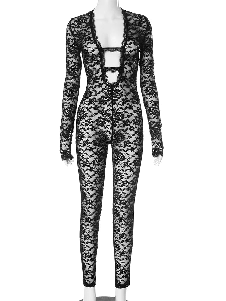 Weird Puss Sexy Jacquard Jumpsuit Women Sexy Mesh Patchwork Low-Neck Hollow Full Sleeve Skinny Midnight Party Clubwear Overalls