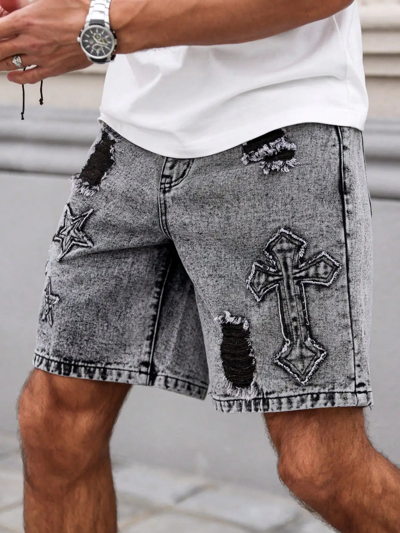 Summer Denim Shorts. Straight-leg fit. Ripped design. Dark gray denim embroidered shorts, men's jeans