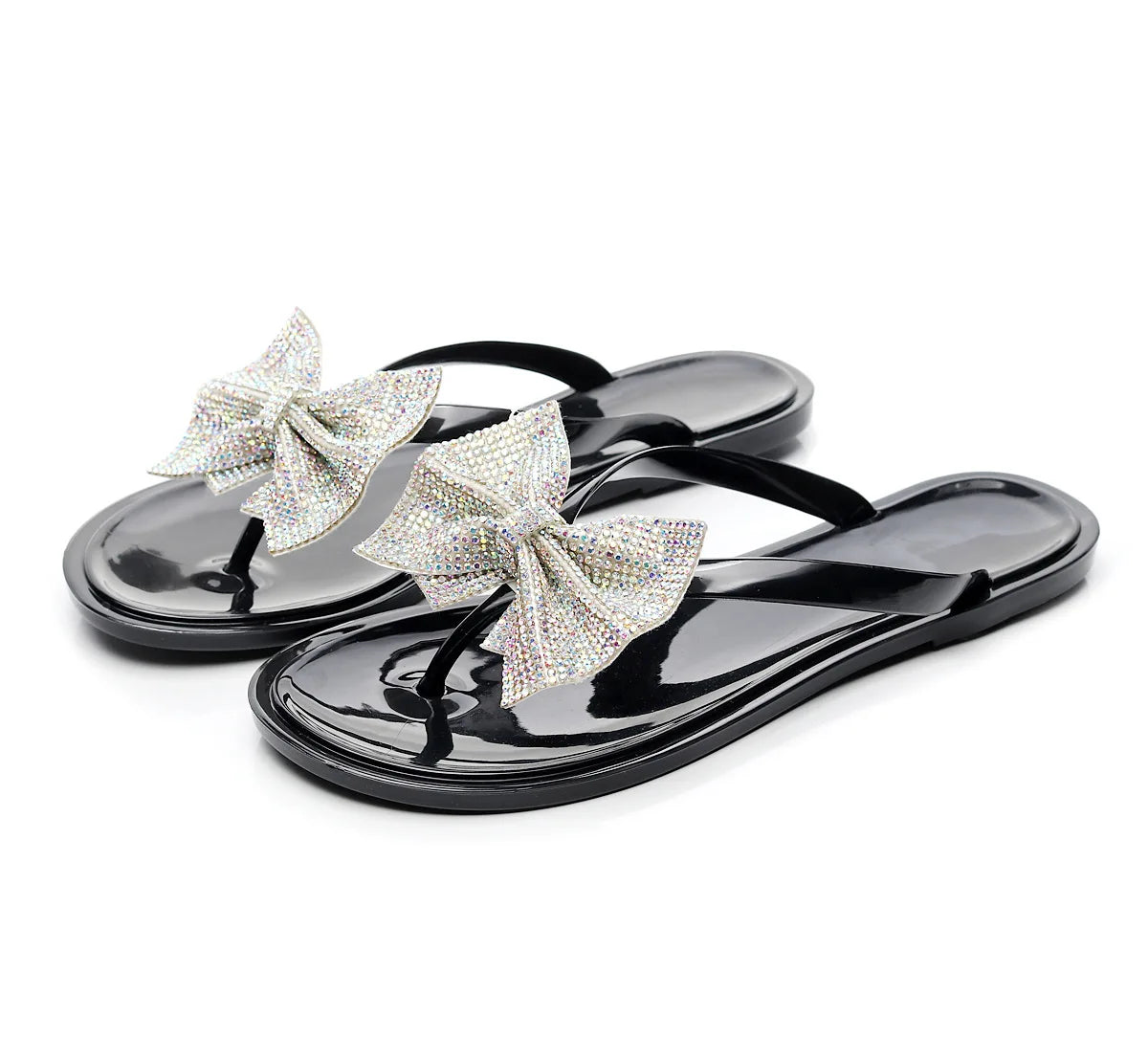 2024 Spring/Summer New Large Size Flip Flops Women Bow Knot Rhinestones Outdoor Leisure Beach Flat Home Sandals/Slippers