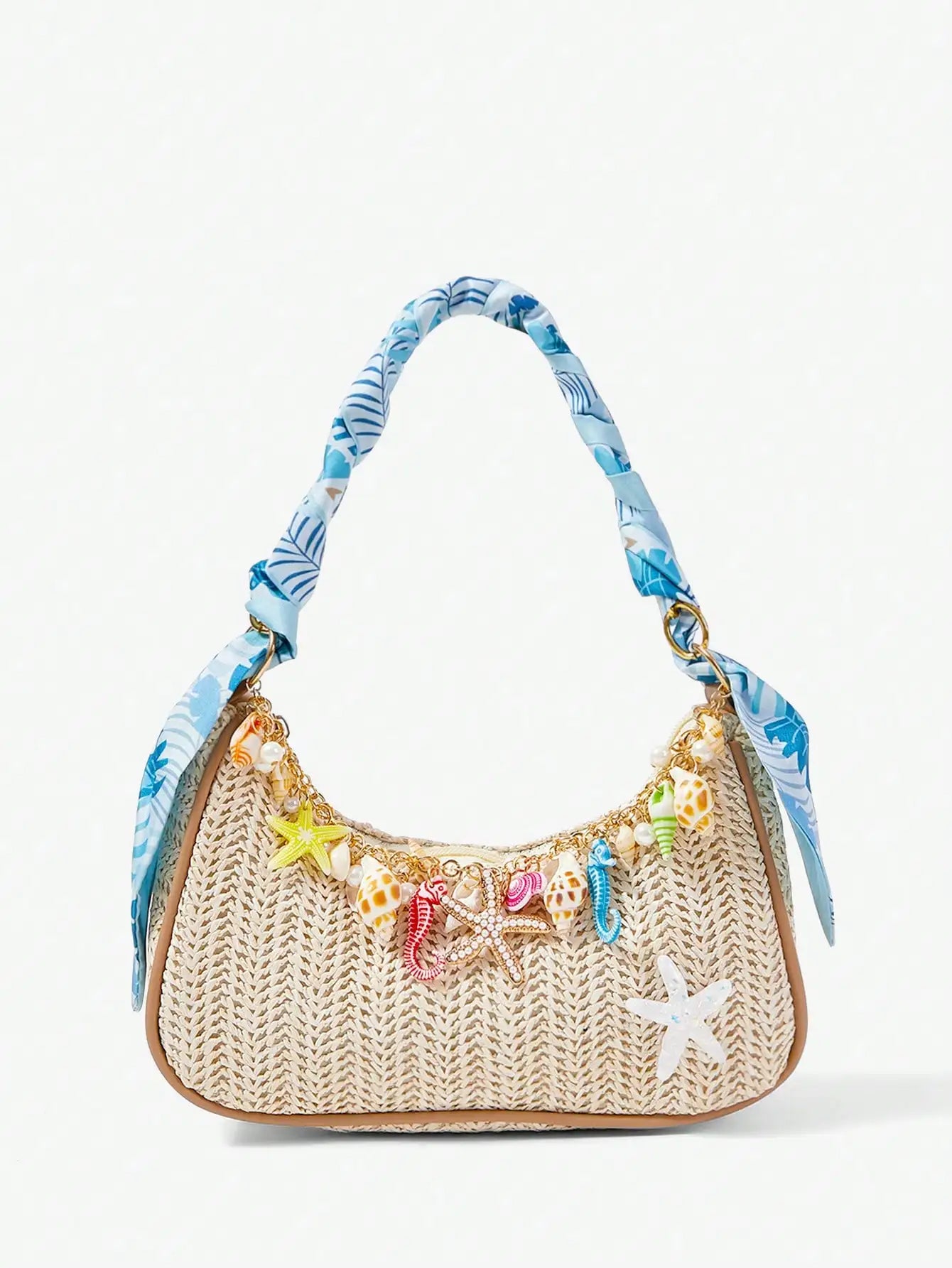 ROMWE Fairycore 1pc Summer Beach Starfish Series Shell & Seashell Woven Shoulder Hand Carry Bag