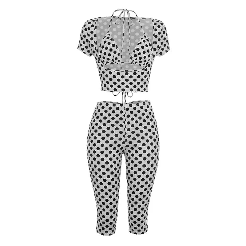 Sexy Polka Dot Summer Sets Women Halter Short Sleeve Bodycon Elegant 3 Piece Sets For Woman Outfit