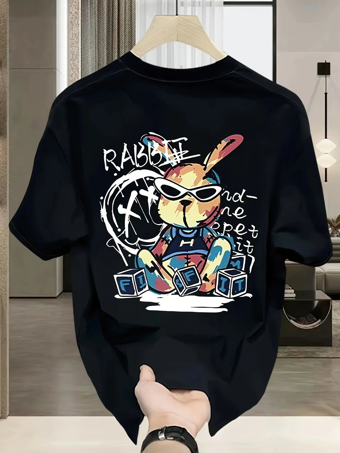 Men's summer 100% pure cotton fashionable casual loose black rabbit cartoon pattern printed round neck short sleeved T-shirt top