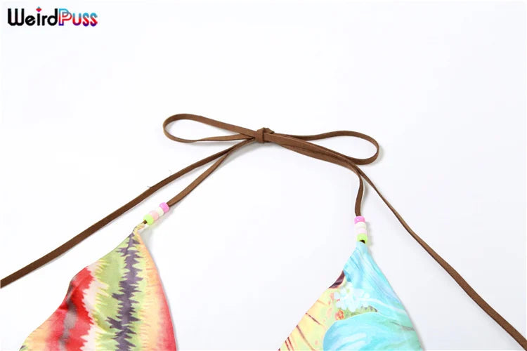 Weird Puss Beach Style Women 2 Piece Set Y2K Vacation Swimsuit Colorful Pearl Halter Bikini Bra+Panties Party Matching Clubwear