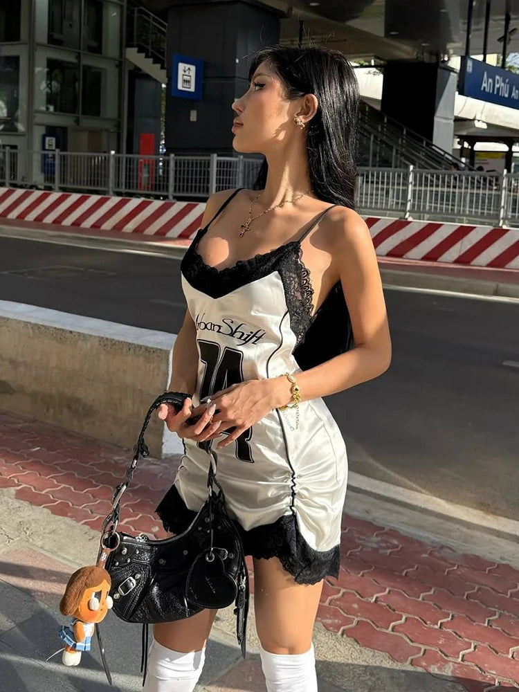 Weird Puss Digital Printing Dress Women Sexy Lace Edges Patchwork Backless Sleeveless Lace-Up Pleated Midnight Club Mini Bodycon