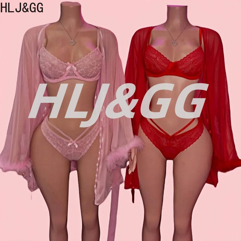 HLJ&GG Sexy Lace See Though 3 Pieces Home Nightgown Sets Women Bra + Thong + Feather Cuffs Long Sleeve Kimino Robe Outfits 2025