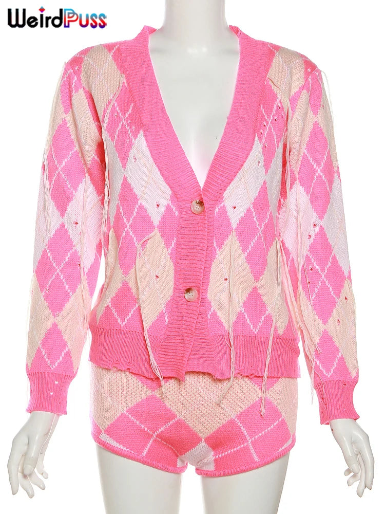 Weird Puss Sweater Women 2 Piece Set Hipster Tassel Plaid Cardigan Tops+Mini Shorts Stretch Autumn Trend Matching Street Outfits