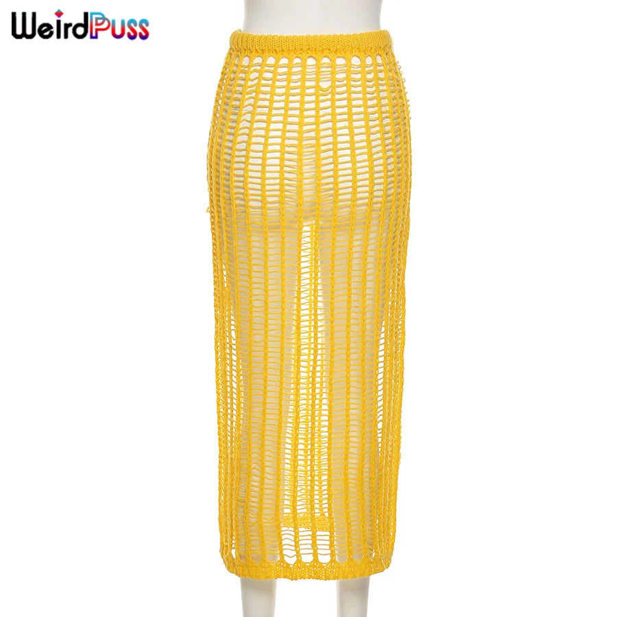 Weird Puss Summer Knit Sexy Long Skirt Women Crochet Elastic See-Through Hollow Out Grid Party Wild Streetwear Solid Bottoms