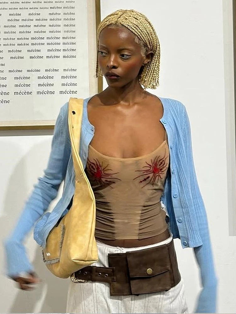 Weird Puss Sun Print Sexy Women Camisole Y2K Summer Fashion Low-Neck Coquette Midnight Party Club Wild Basic Street Slim Tees