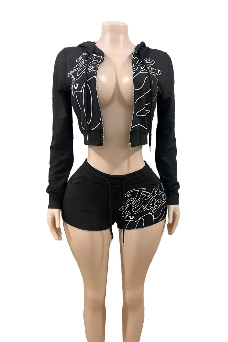 STYLISH LADY Letter Printed Sporty 2 Piece Set Women Long Sleeve Zipper Hoodies Crop Top and Shorts Suits 2025 Autumn Tracksuits