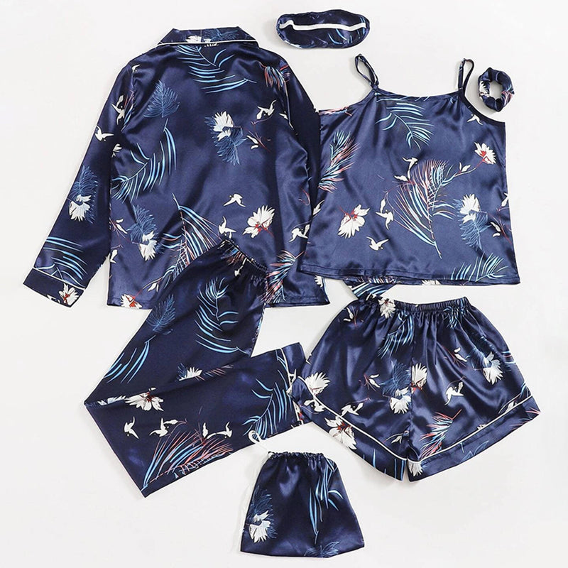 Women's Pajamas Set 7 Pieces Satin Sleepwear Pijama Silk Nightgown Suit Summer Women Home Clothing Printing Sleep Pyjama Femme
